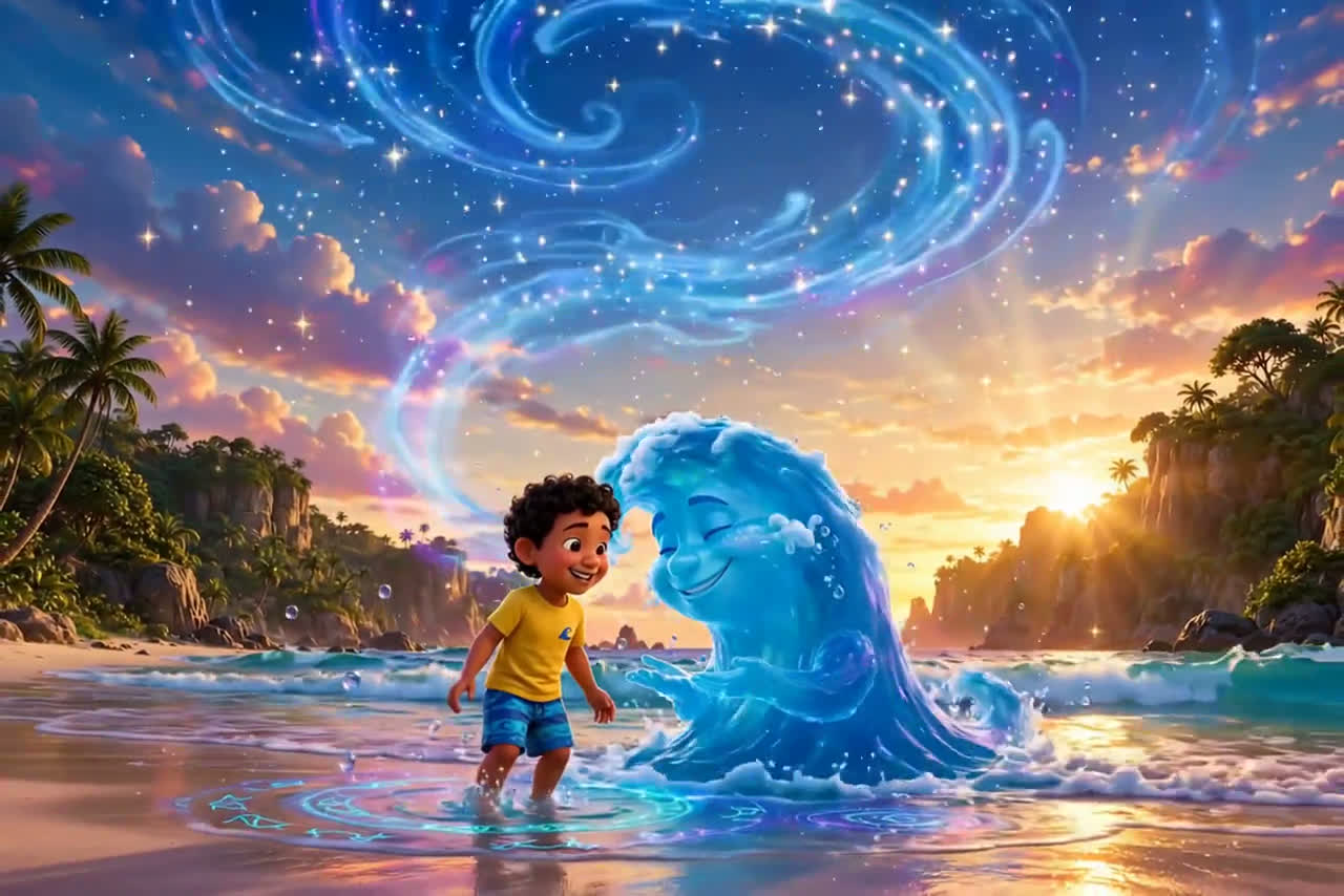 Wavy and the boy sharing a joyful moment at the water’s edge